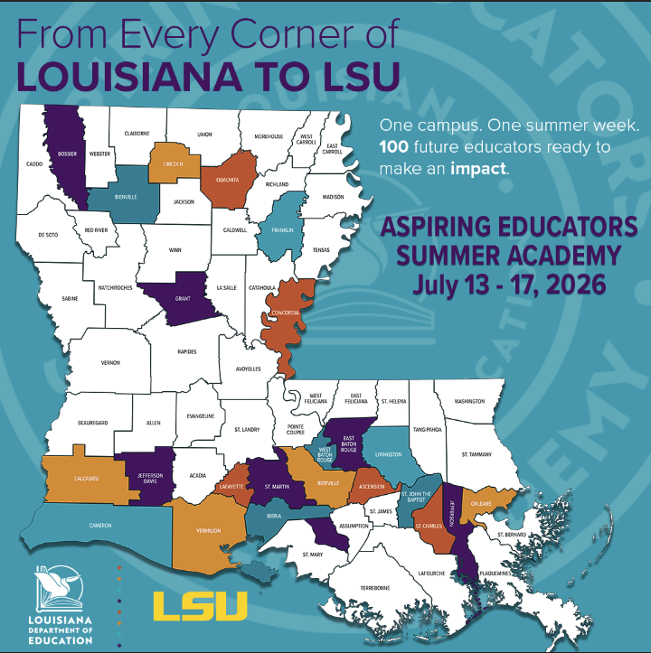 Louisiana parish map of where all attendees of Aspiring Educators Summer Academy are coming from