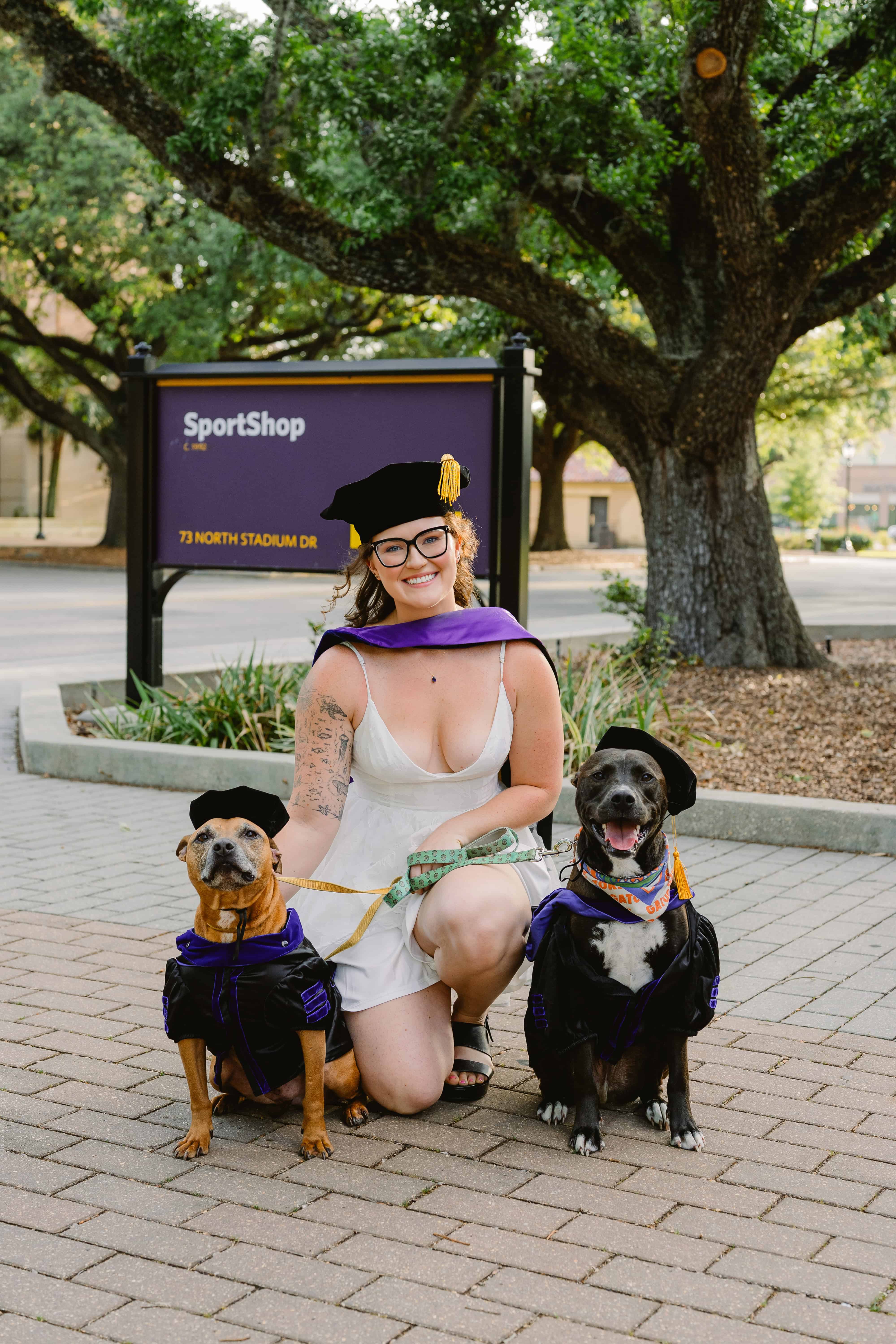 Taylor Gauss and her two dogs on LSU campus