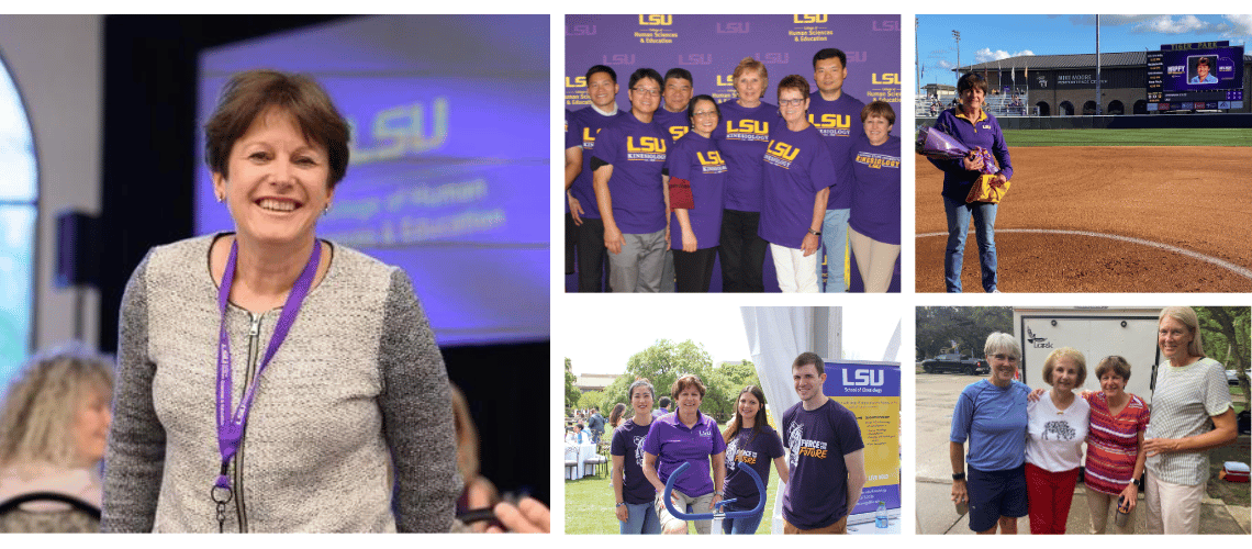 Photos of Melinda Solmon at a conference, with a group of Chinese visiting students, being honored at the LSU Softball game, and at a tailgate.