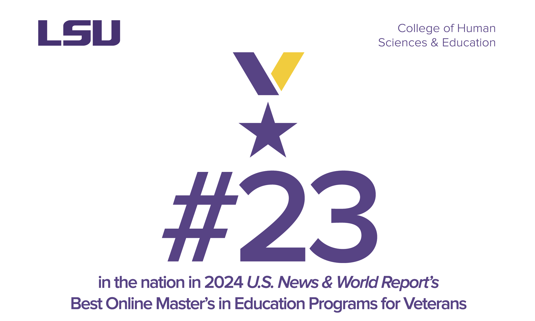 An image containing a large #23 with a purple and gold V. The words in the nation in 2024 U.S. News & World Report's Best Online Master's in Education Programs for Veterans.