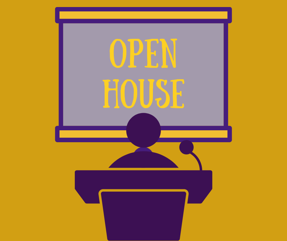 person standing at podium in front of open house sign