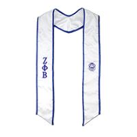 White stole with blue borders featuring the greek letters representing Zeta Phi Beta