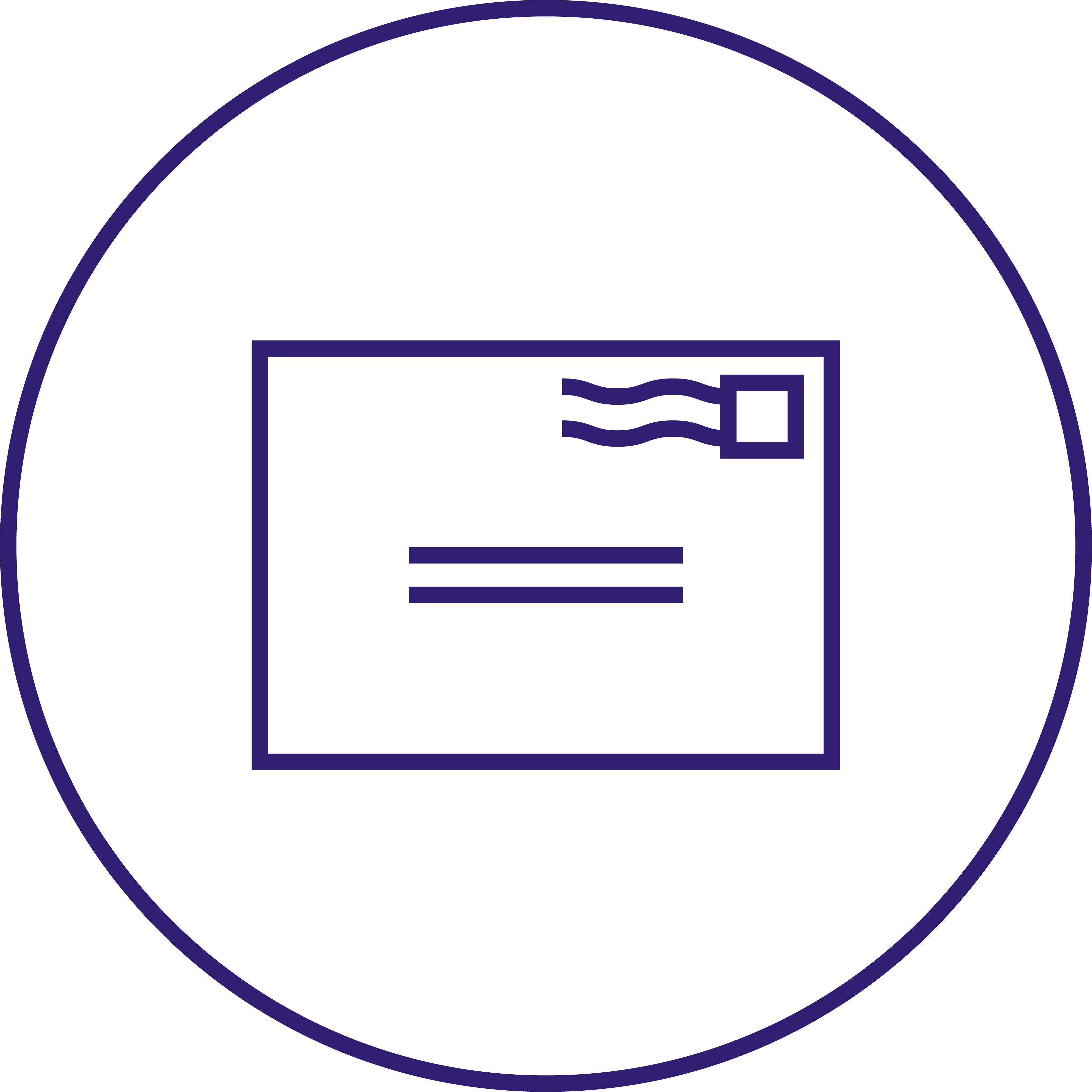 icon containing a letter with postage and wavy motion lines inside a purple circle