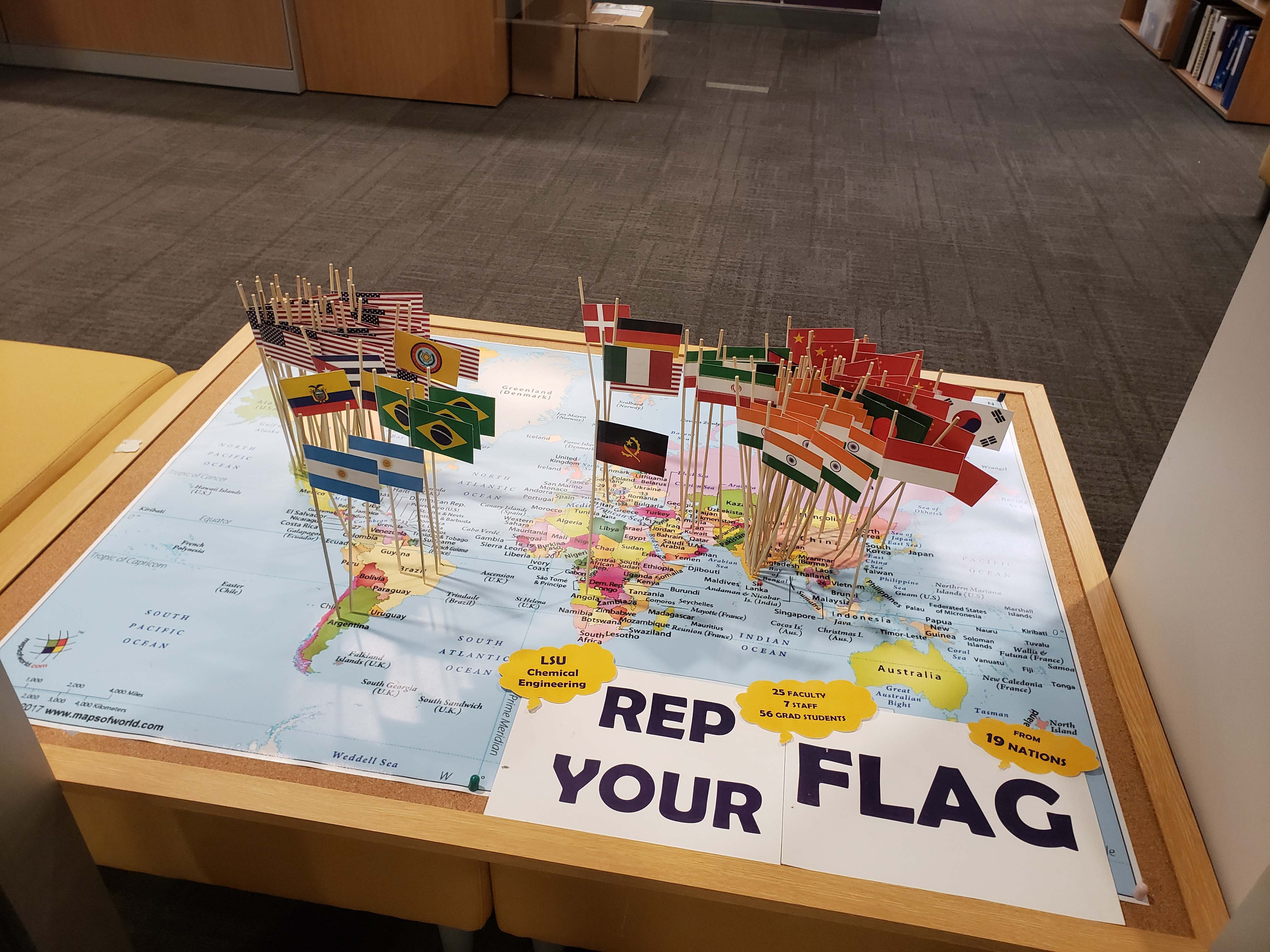 display with flags for all ChE graduate students, faculty & staff