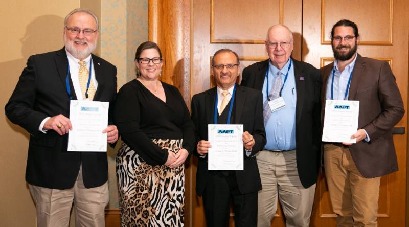 Best Paper Award winners from left to right, Gaylon Baumgardner , AAPT President Audrey Copeland, Louay Mohammad, Bill Daly, and Sam Copper III