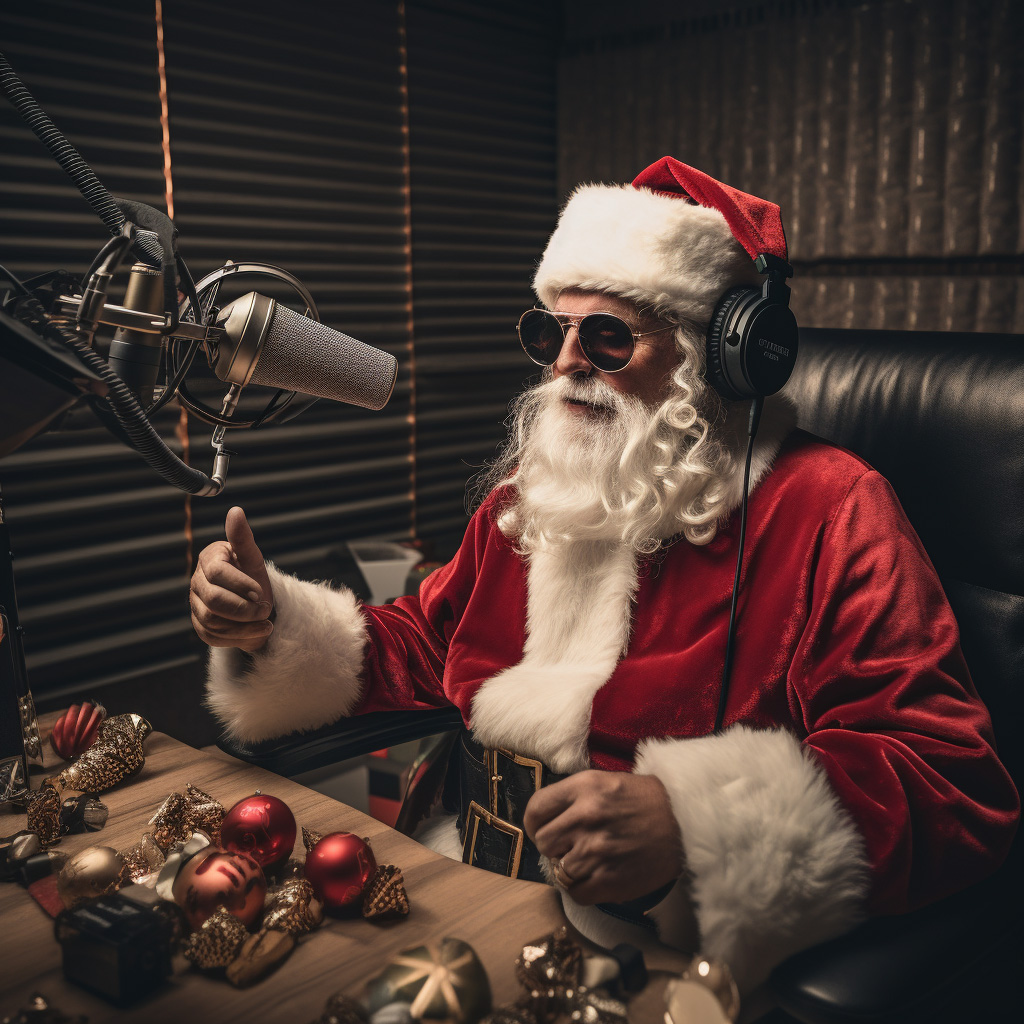 Santa Claus with DJ headphones in front of a microphone