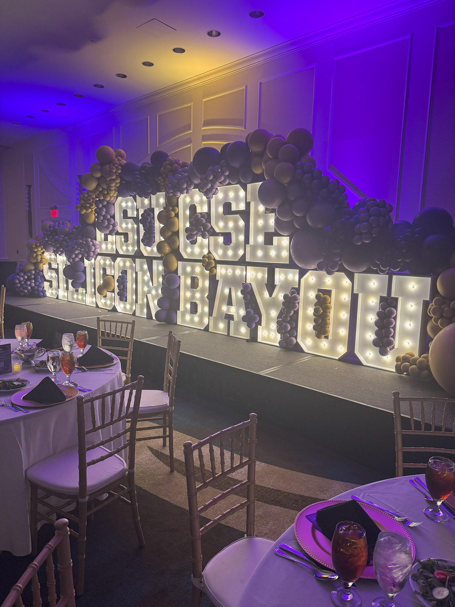 LSU Silicon Bayou Lit Sign and Balloons
