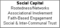 Text Box: Social Capital
Rootedness/Networks
Associational Involvement
Faith-Based Engagement
Social & Inter-Communal Trust
