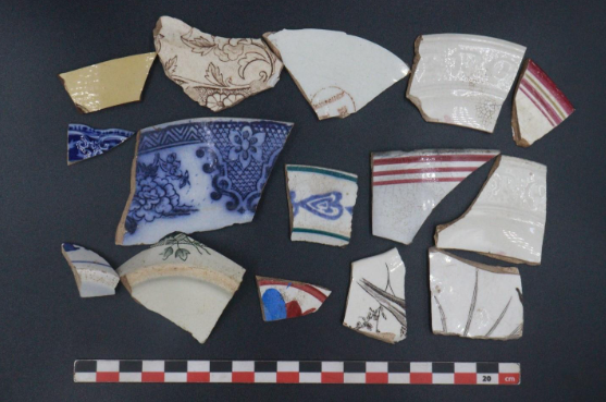 Fragments of European ceramics recovered during archaeological fieldwork at Nsakye.