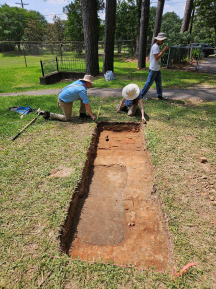 Exposure of the southeast tower foundation walls at the Old LSU Site. The tower collapsed just after construction and was rebuilt according to historical records, which was confirmed by excavations.