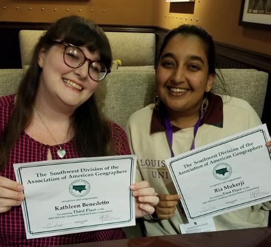 Congratulations to Geography MS students Ria Mukerji (right) and Kathleen Benedetto (left) for receiving first and third place awards in the SWAAG 2019 Graduate Student Poster competition.