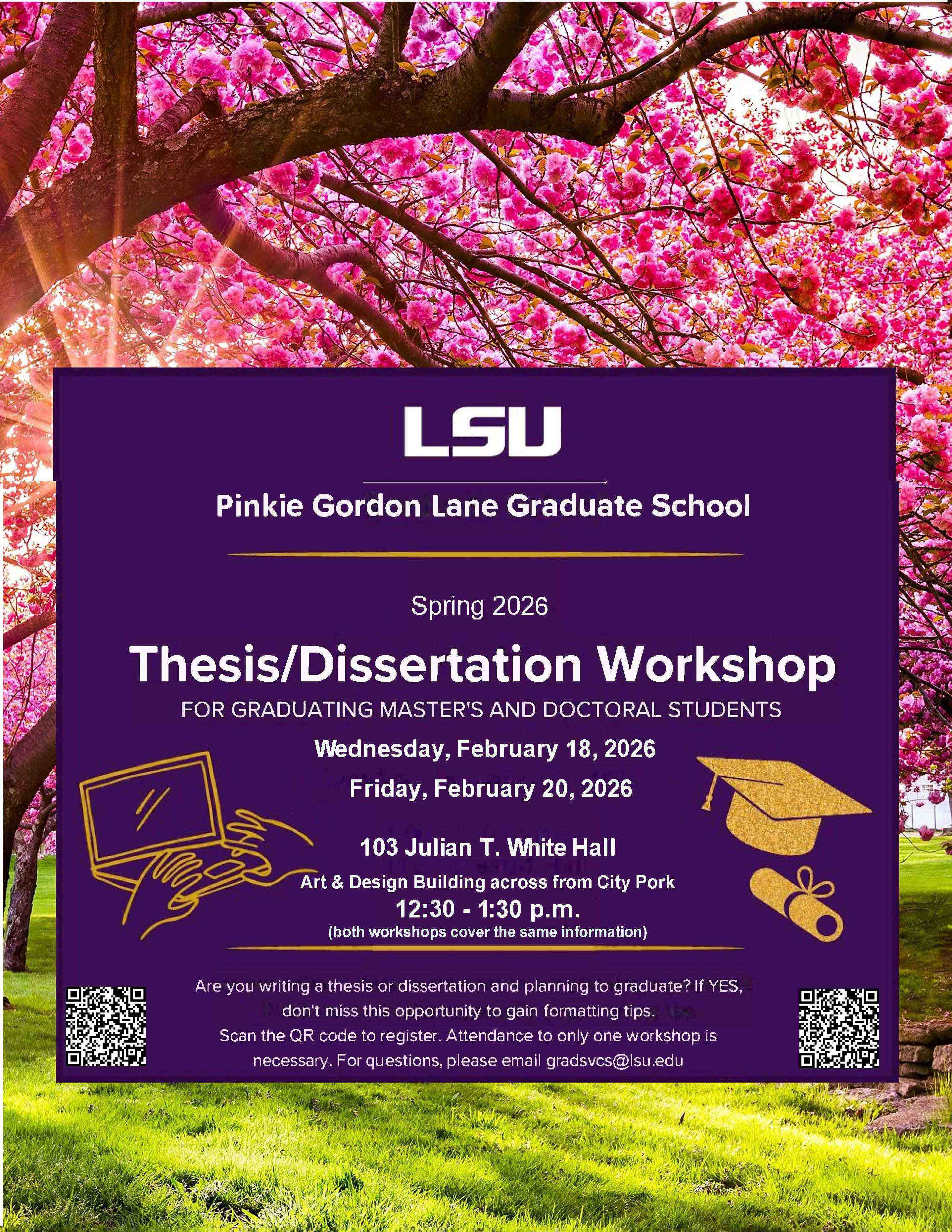 LSU thesis and dissertation workshop flyer for Spring 2026 graduating students.