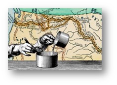 background of Lewis and Clark trail map, foreground shows arms over 2 cooking pots