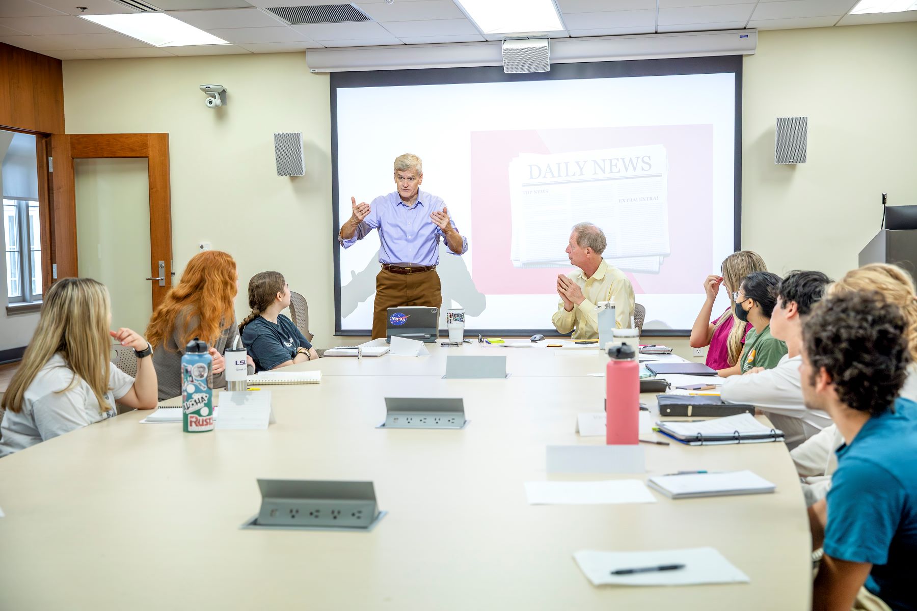 A photo of Senator Bill Cassidy teaching a seminar in the Honors College