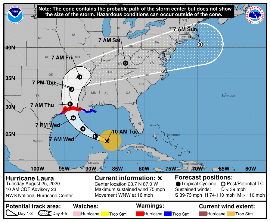 Map of the United States displaying 5-day outlook Cone of Uncertainty for Hurricane Laura; link to a text-only version follows