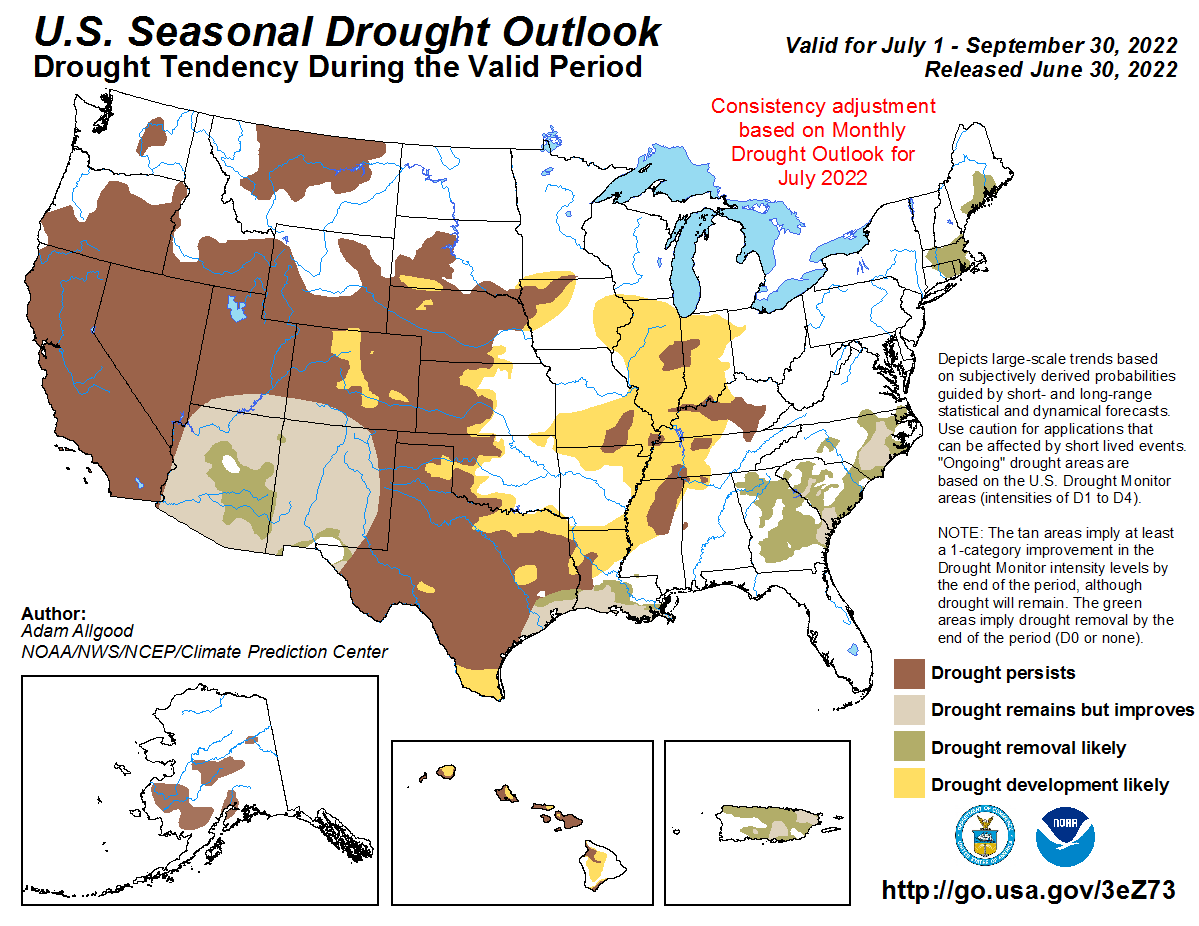Map of the United States displaying seasonal drought outlook; link to a text-only version follows