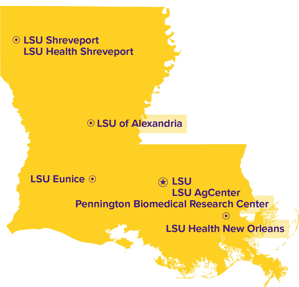 Louisiana map locating LSU's eight campuses