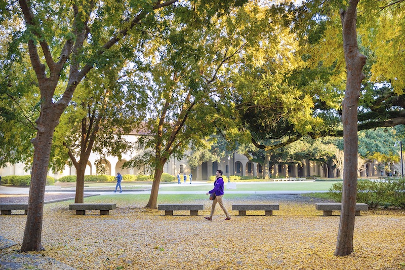 student walking through quad