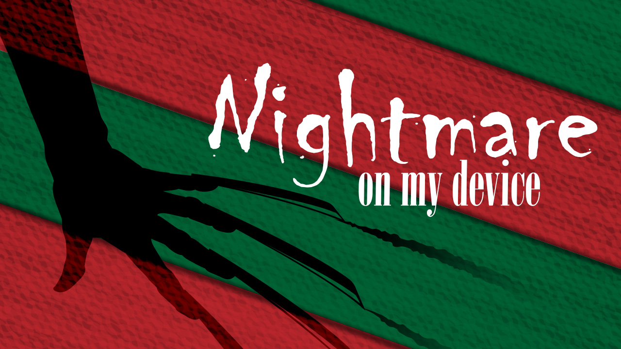 Nightmare on my device. Clawed hand on green and red striped background.
