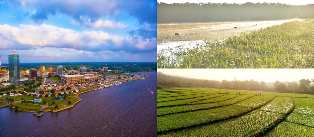 left: an image of Lake Charles, Louisiana; right: an image of farmland