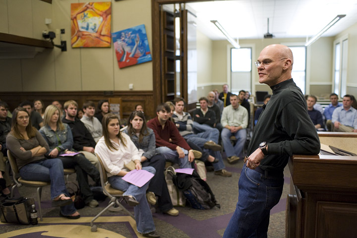 photo: james carville speaks in Holliday Forum