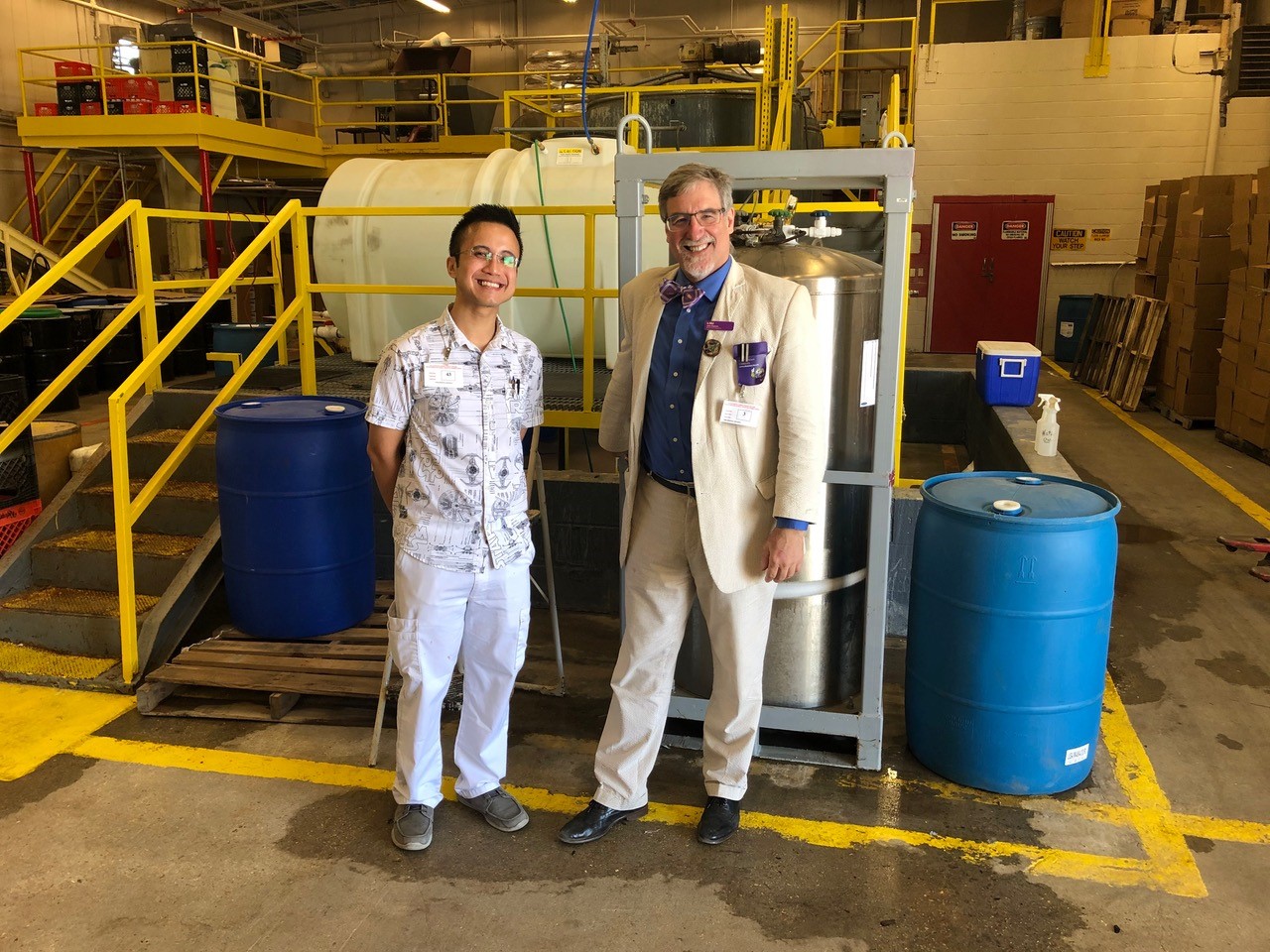 LSU Ph.D. student Anthony Mai and his advisor LSU Chemistry Chair John Pojman helped the Louisiana Secretary of State formulate thousands of gallons of hand sanitizer.