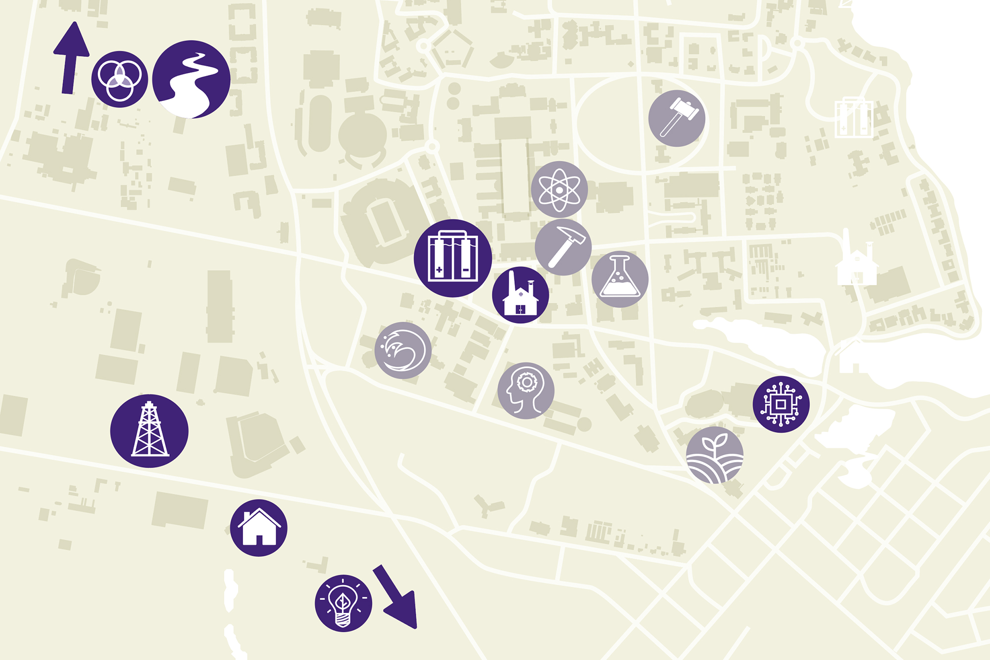 Illustration of campus map depicting 15 areas of RD&D, including eight physical demonstration areas.
