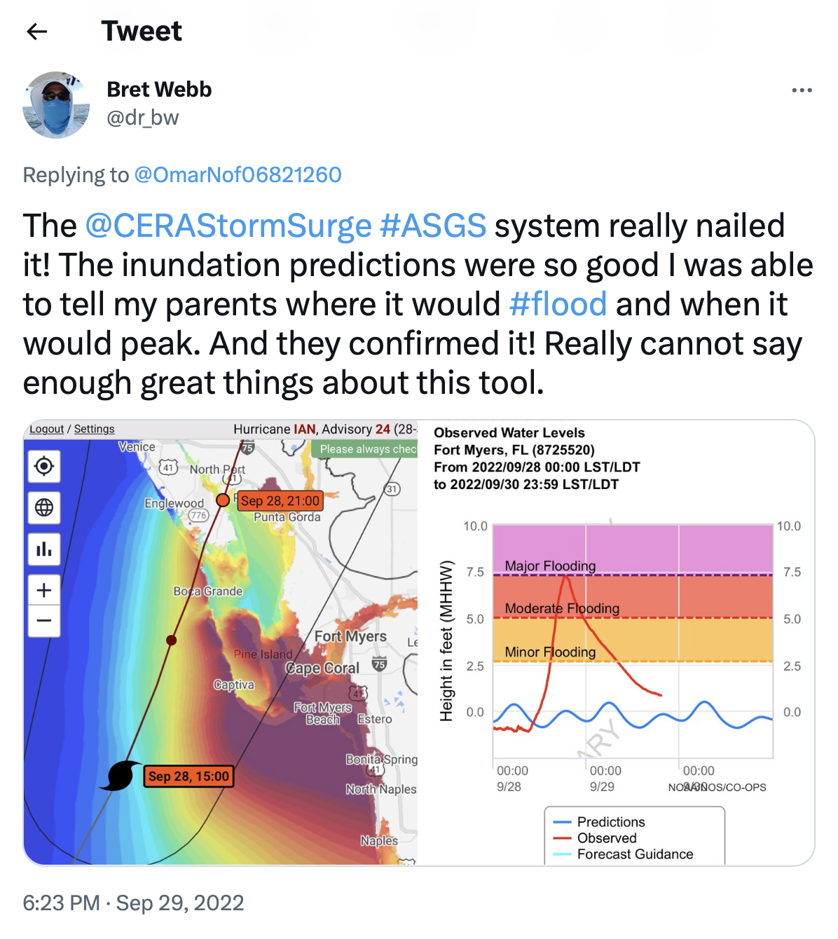 Tweet by @dr_bw: The @CERAStormSurge #ASGS system really nailed it! The inundation predictions were so good I was able to tell my parents where it would #flood and when it would peak. And they confirmed it! Really cannot say enough great things about this tool.