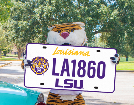 Mascot Mike holding license plate