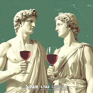 Two greek statues holding wine glasses. This is a promotional image for Civic Sips.