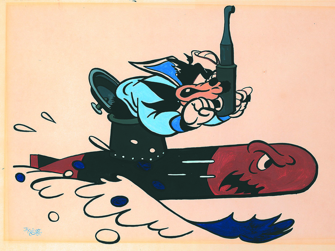 Cartoon image depicting Disney character Black Bart riding the USS Pogy submarine