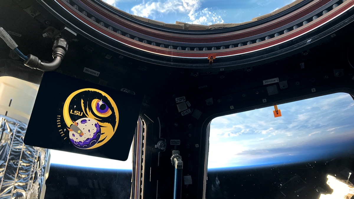 LSU Tiger Eye 1 logo displayed in the cupola of the International Space Station