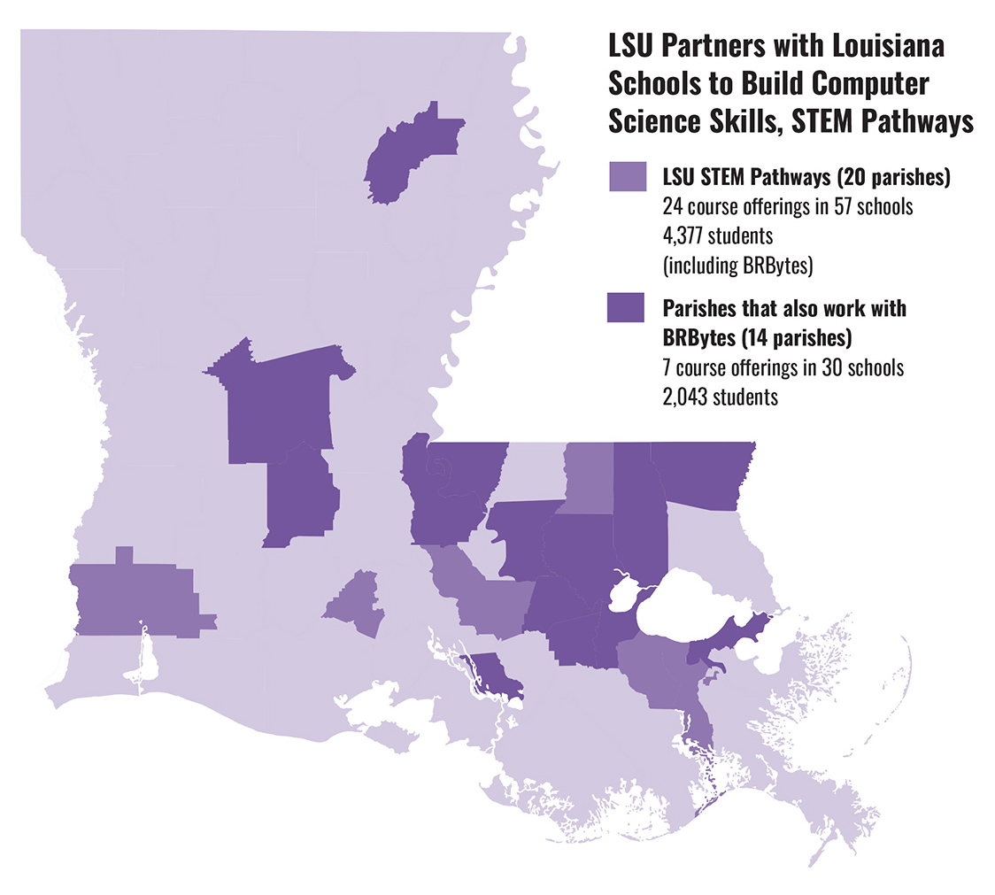 A map of the Louisiana parishes where BRBytes and LSU STEM Pathways courses are currently taught