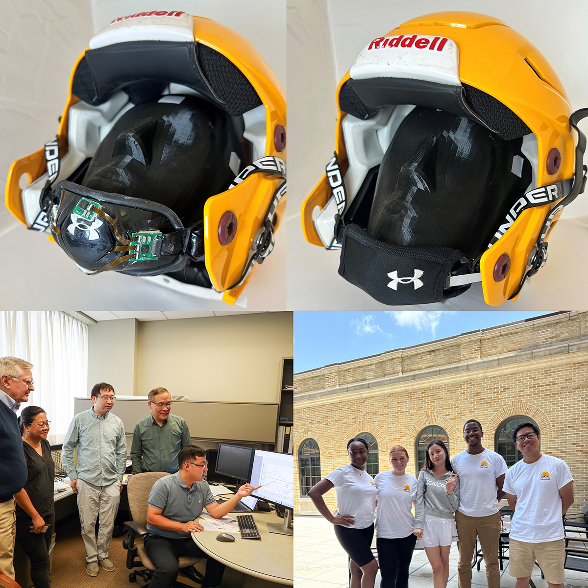 Grid with football helmet, faculty gathered around a computer, and a group shot of students., and