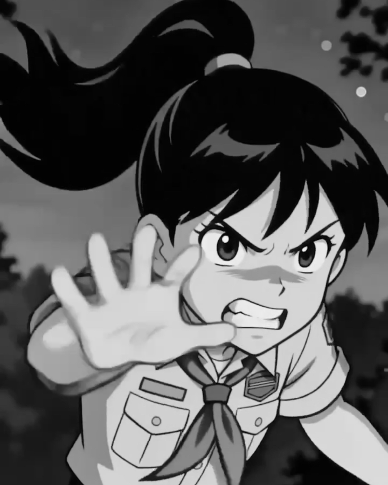 Anime-style, black and white illustration of a girl at camp