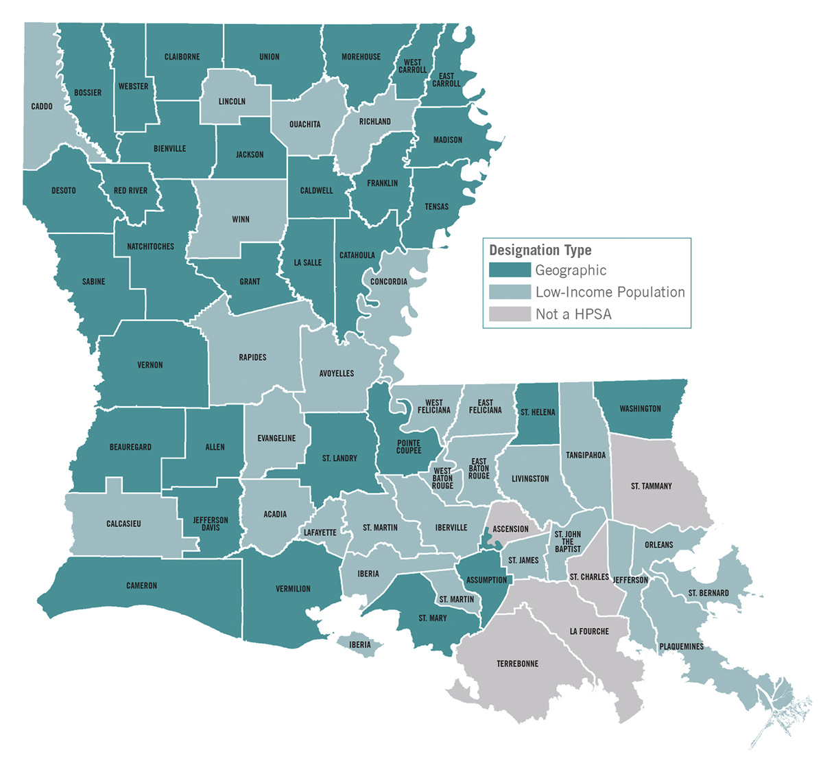 Map of high-need areas for dental care in Louisiana