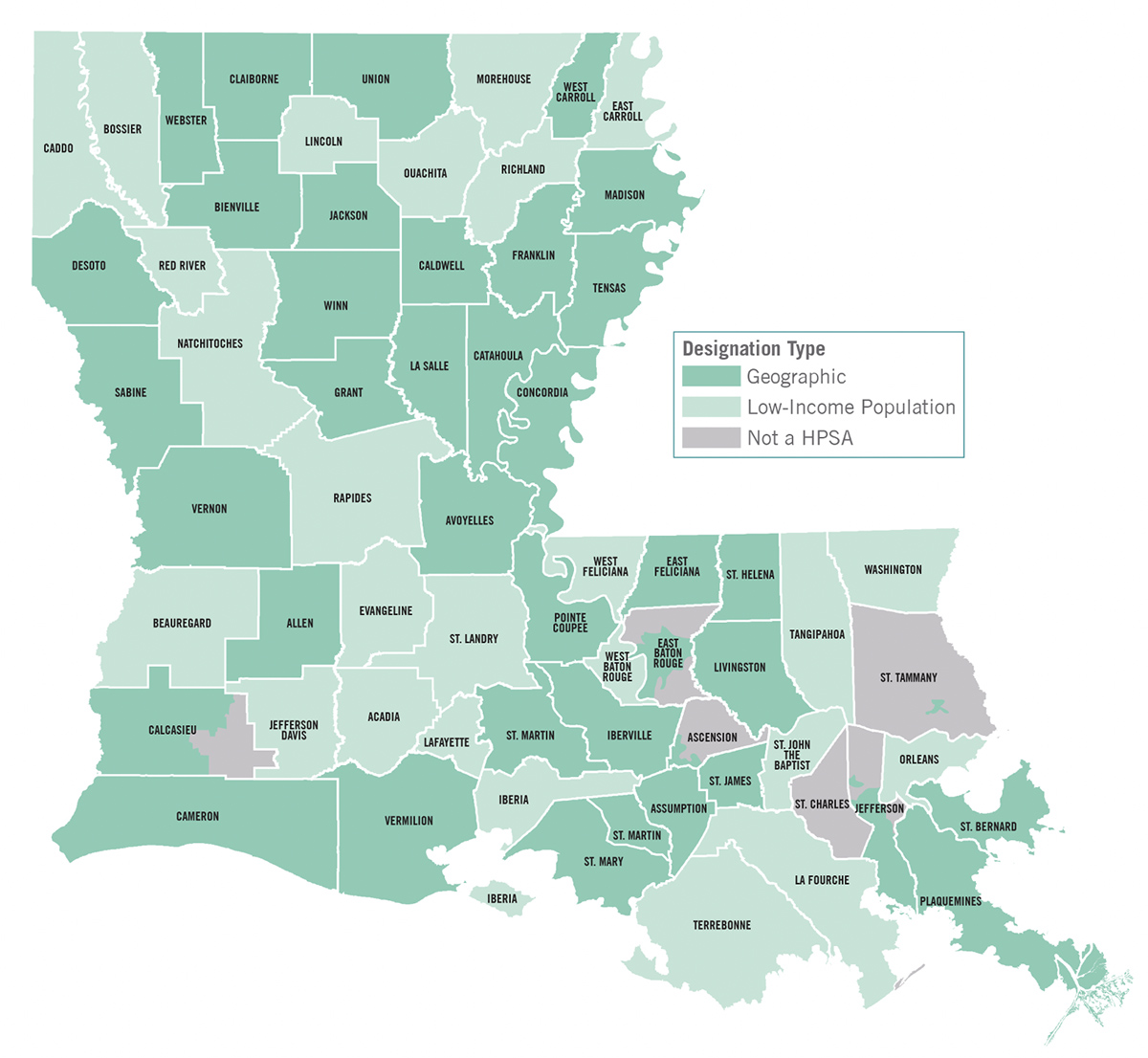 Map of high-need areas for primary care in Louisiana