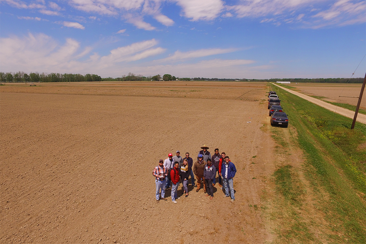 Drone photo of LSU students in the field