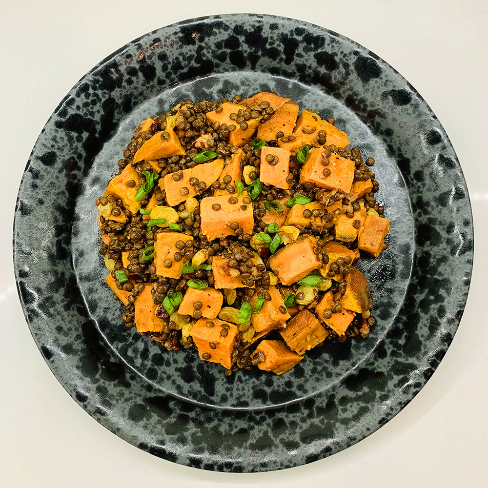 Roasted Pecan and Maple Sweet Potatoes with Lentils