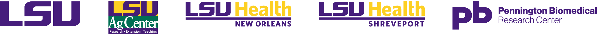 Logos for LSU, LSU Health NO, LSU Health Shreveport, Pennington, LSU Ag Center
