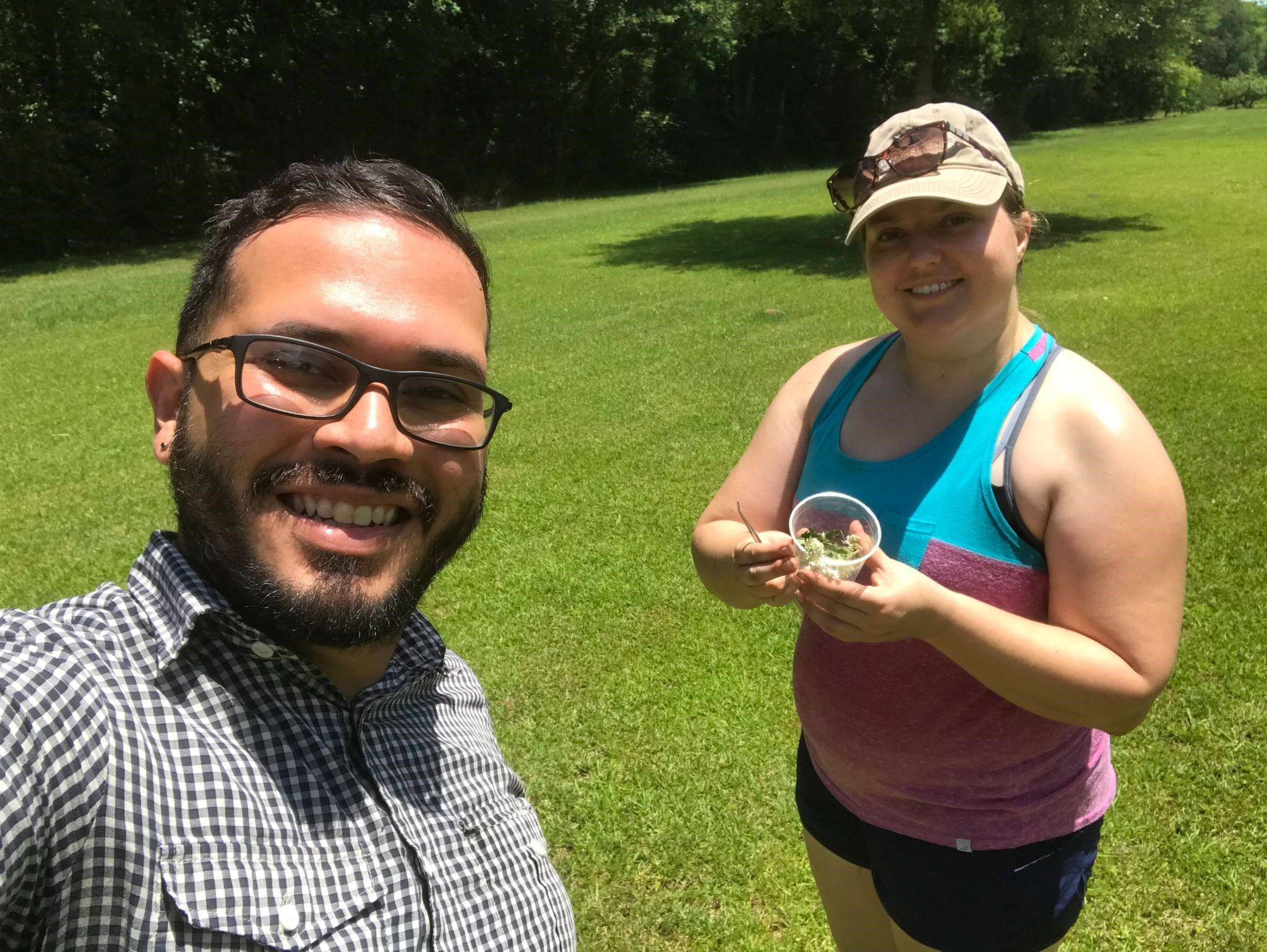 Luis Y. Santiago-Rosario (left) and Katherine Hovanes (right) collecting white clover (Trifolium repens) in Highland Road, Baton Rouge during the summer of 2018. Luis and Katherine worked together under the guidance of Dr. Kyle Harms.
