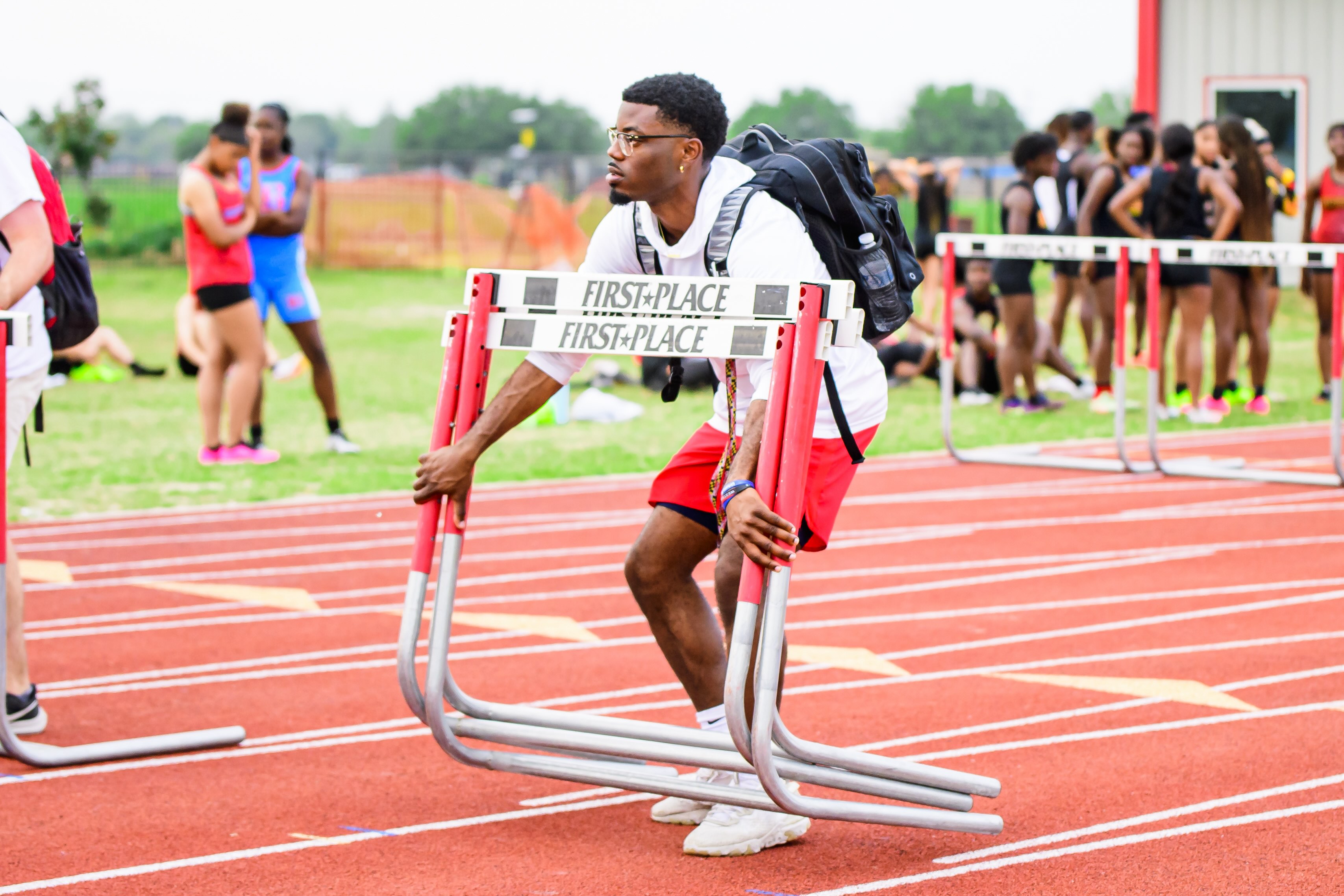 anthony track meet Anthony prepares for the next event at a high school track meet.