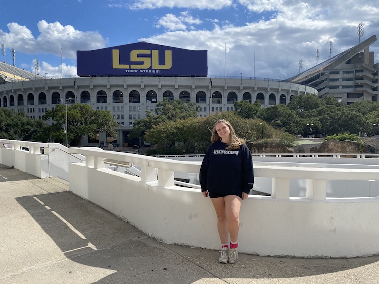 Lillian Powell with Tiger Stadium in the background.