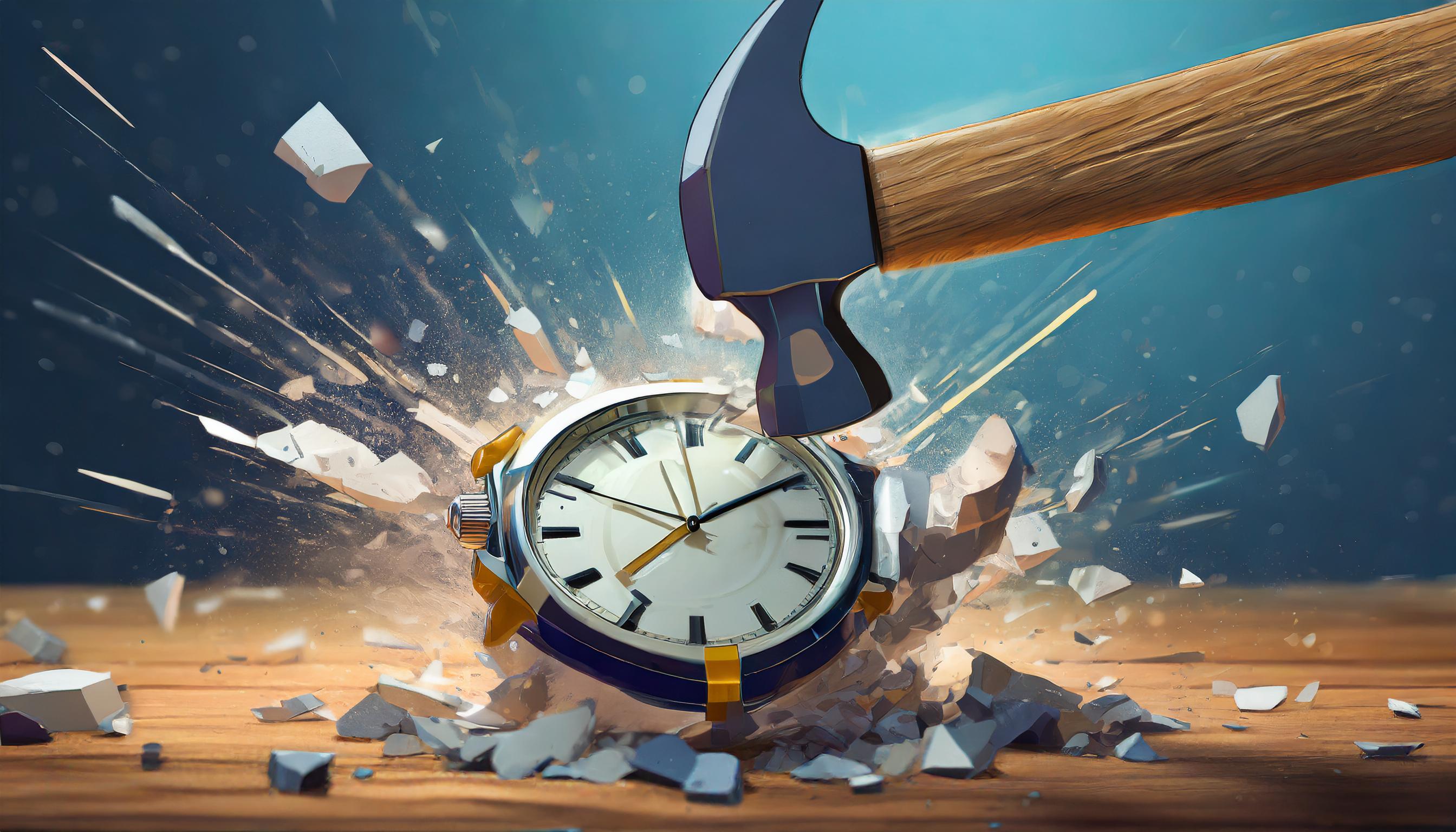 Image depicting a hammer striking a wristwatch