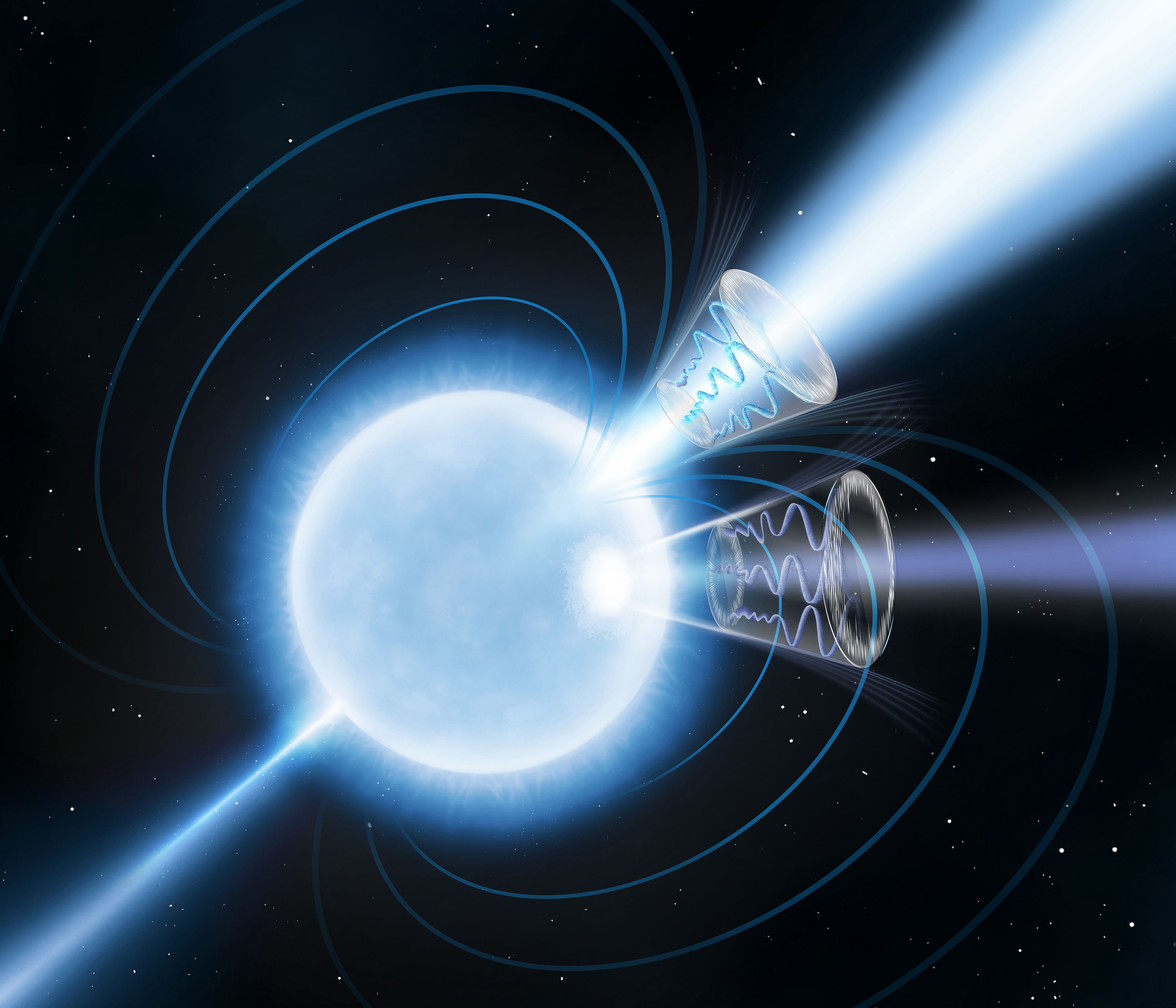 This artist's concept shows the magnetar 1E 1547.0-5408. Observations from NASA's IXPE reveal the strongest evidence yet that the star's extreme magnetic field changes how light travels through space, supporting a long-standing prediction of quantum physics. (NASA/Pablo Garcia)