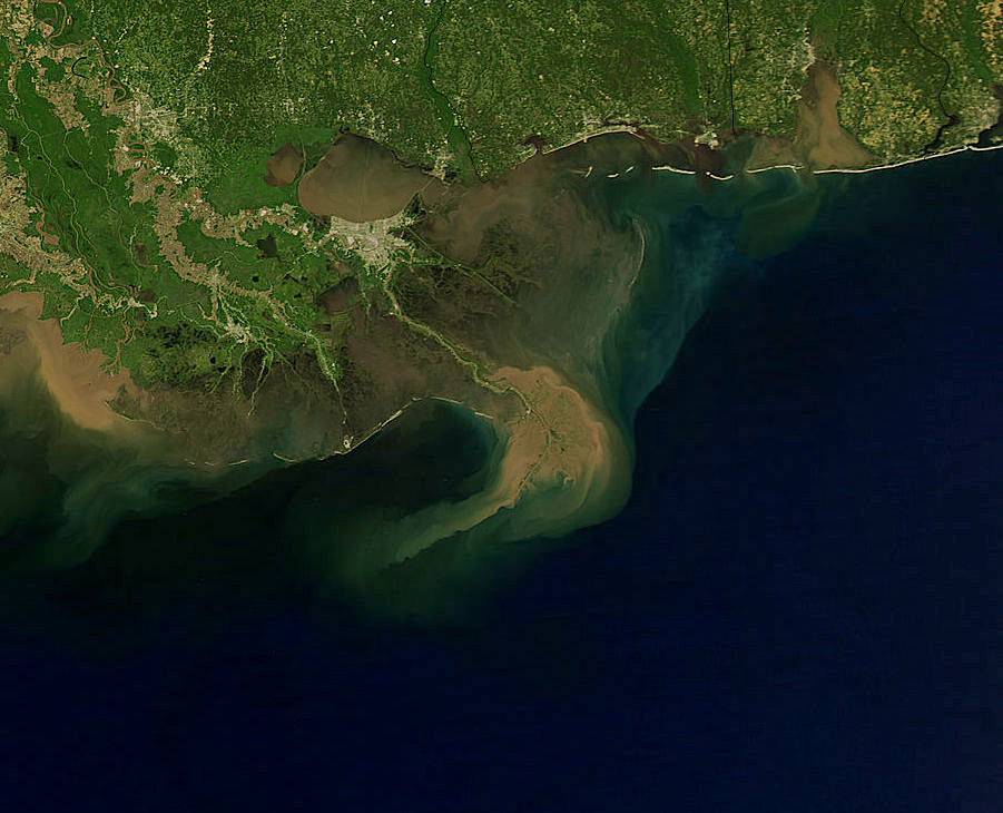 Louisiana birdfoot ecosystem aerial view over the Gulf of Mexico