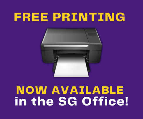image of a printer with text Free Printing Now Available in the SG Office