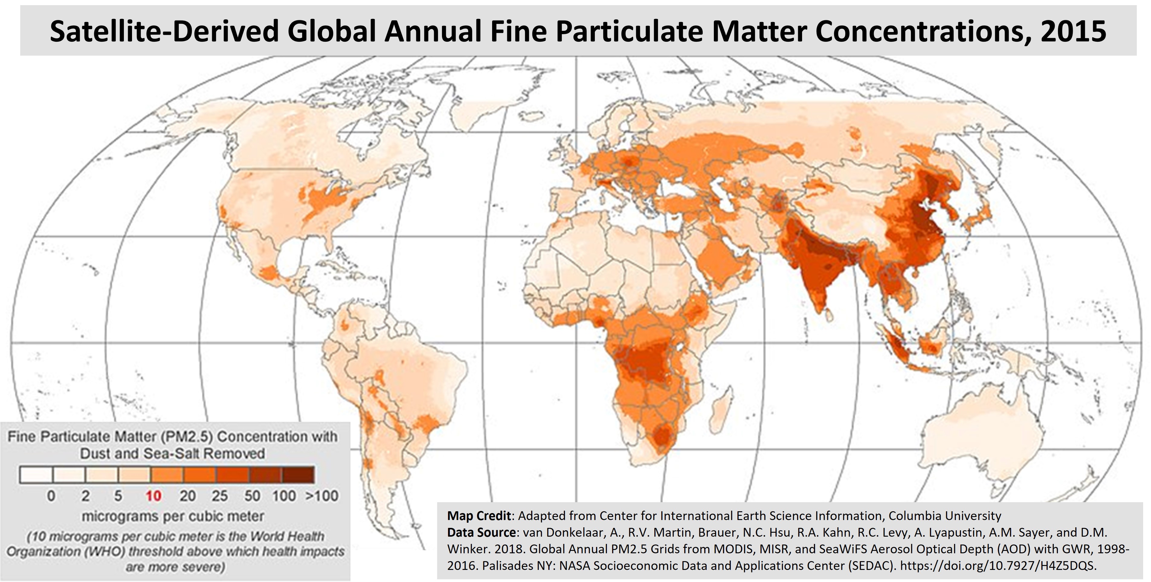 A map of the globe with PM 2.5 concentrations in shades of orange.