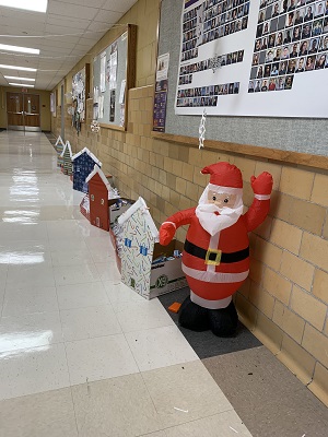 Physics & Astronomy Hallway Decorated with Littel House and an Inflatable Santa