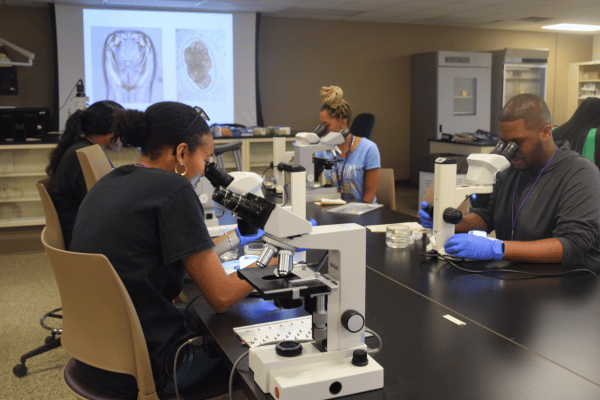 Students looking at parasites under the microscope